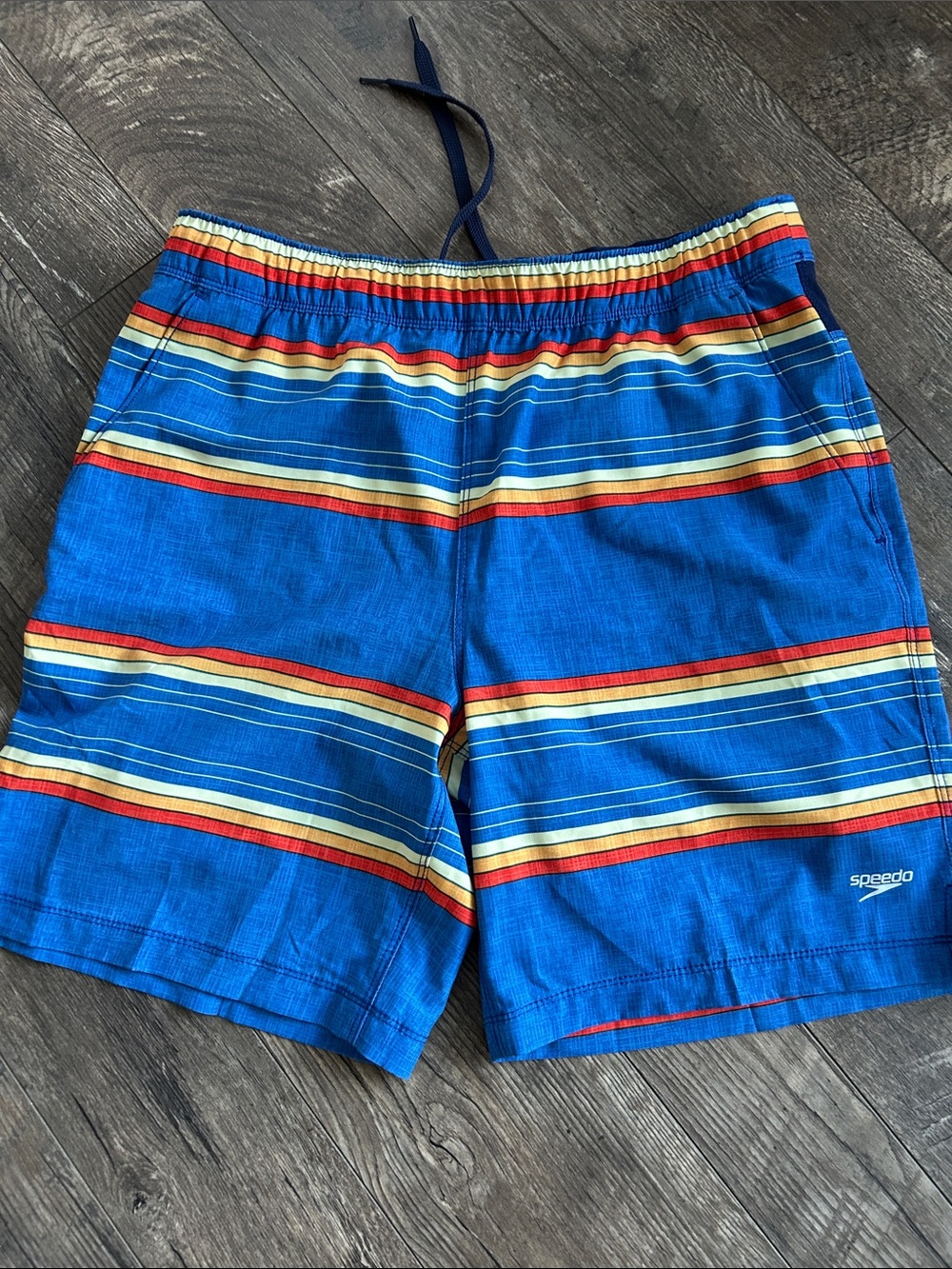 Speedo Men’s Blue Striped Swim Trunks with Yellow and Red Accents Size M